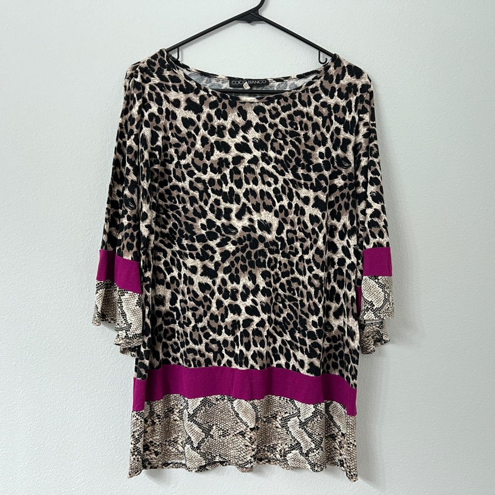 Coco Bianco Womens M Leopard Snakeskin Tunic Top Bell Sleeve Made USA